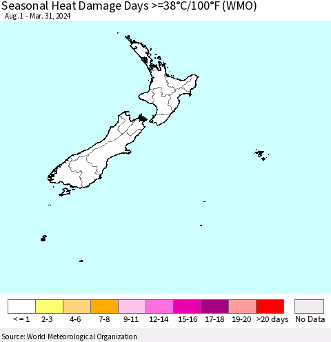New Zealand Seasonal Heat Damage Days >=38°C/100°F (WMO) Thematic Map For 8/1/2023 - 3/31/2024