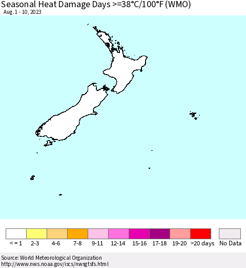 New Zealand Seasonal Heat Damage Days >=38°C/100°F (WMO) Thematic Map For 8/1/2023 - 8/10/2023