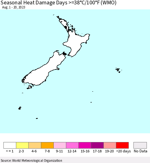 New Zealand Seasonal Heat Damage Days >=38°C/100°F (WMO) Thematic Map For 8/1/2023 - 8/20/2023