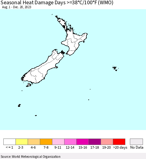 New Zealand Seasonal Heat Damage Days >=38°C/100°F (WMO) Thematic Map For 8/1/2023 - 12/20/2023