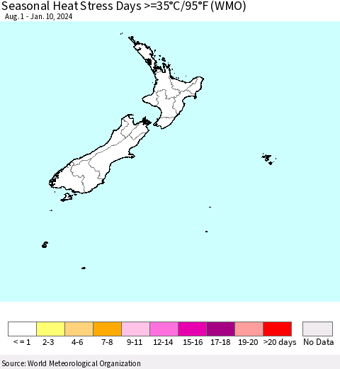 New Zealand Seasonal Heat Stress Days >=35°C/95°F (WMO) Thematic Map For 8/1/2023 - 1/10/2024