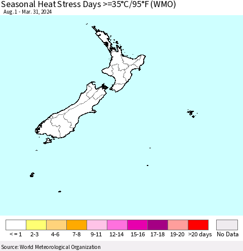 New Zealand Seasonal Heat Stress Days >=35°C/95°F (WMO) Thematic Map For 8/1/2023 - 3/31/2024