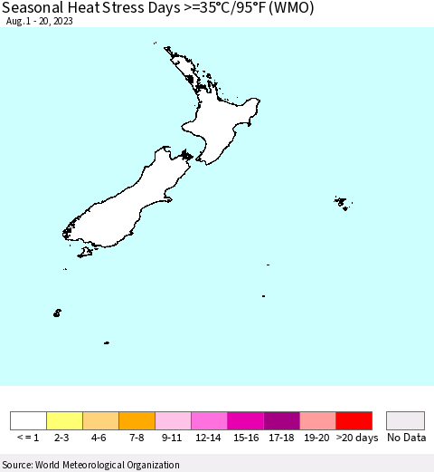 New Zealand Seasonal Heat Stress Days >=35°C/95°F (WMO) Thematic Map For 8/1/2023 - 8/20/2023