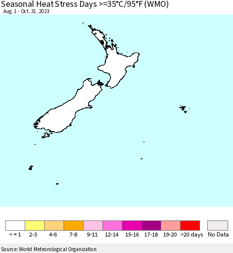 New Zealand Seasonal Heat Stress Days >=35°C/95°F (WMO) Thematic Map For 8/1/2023 - 10/31/2023