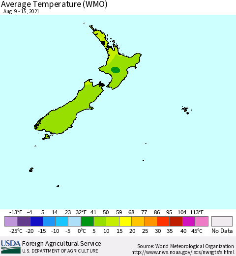 New Zealand Average Temperature (WMO) Thematic Map For 8/9/2021 - 8/15/2021