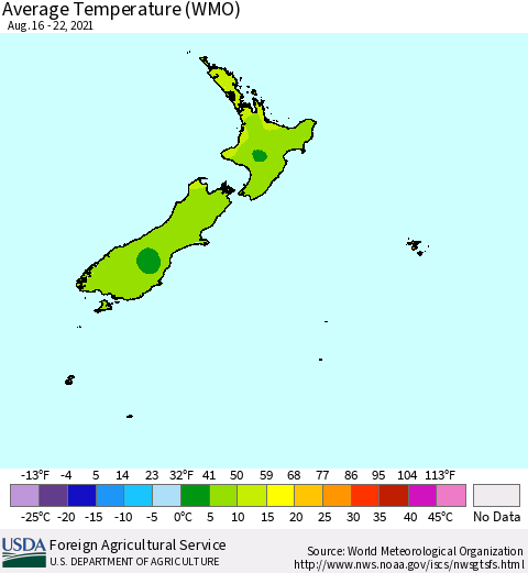 New Zealand Average Temperature (WMO) Thematic Map For 8/16/2021 - 8/22/2021