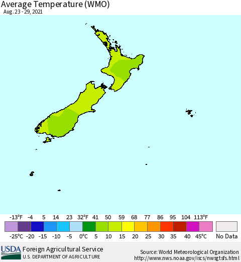 New Zealand Average Temperature (WMO) Thematic Map For 8/23/2021 - 8/29/2021