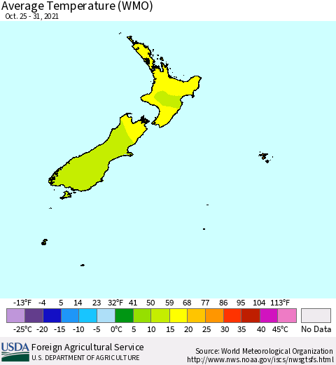 New Zealand Average Temperature (WMO) Thematic Map For 10/25/2021 - 10/31/2021