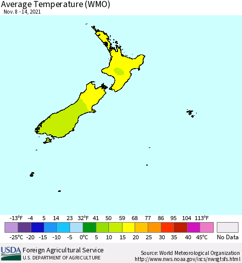 New Zealand Average Temperature (WMO) Thematic Map For 11/8/2021 - 11/14/2021