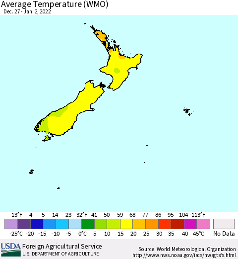 New Zealand Average Temperature (WMO) Thematic Map For 12/27/2021 - 1/2/2022