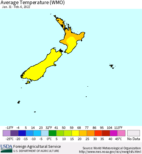 New Zealand Average Temperature (WMO) Thematic Map For 1/31/2022 - 2/6/2022