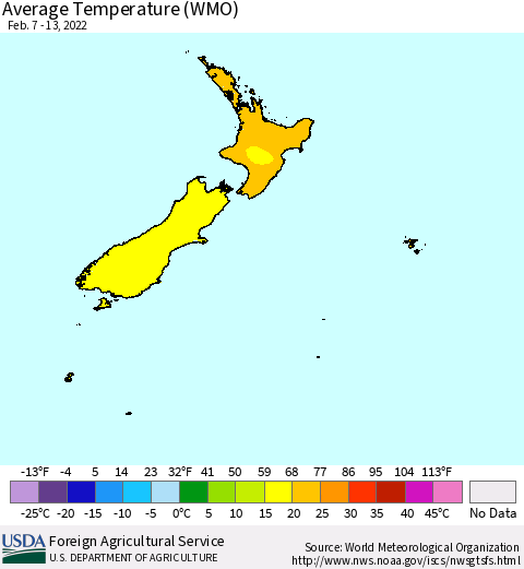 New Zealand Average Temperature (WMO) Thematic Map For 2/7/2022 - 2/13/2022
