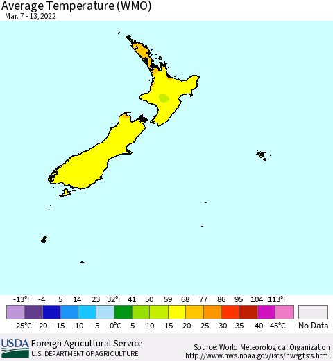 New Zealand Average Temperature (WMO) Thematic Map For 3/7/2022 - 3/13/2022