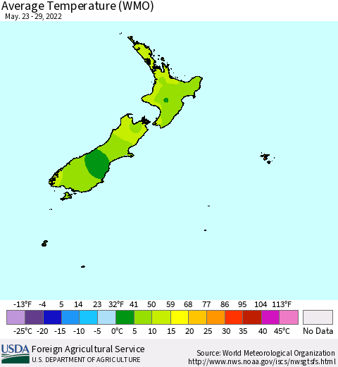 New Zealand Average Temperature (WMO) Thematic Map For 5/23/2022 - 5/29/2022