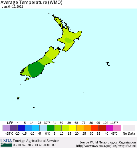New Zealand Average Temperature (WMO) Thematic Map For 6/6/2022 - 6/12/2022
