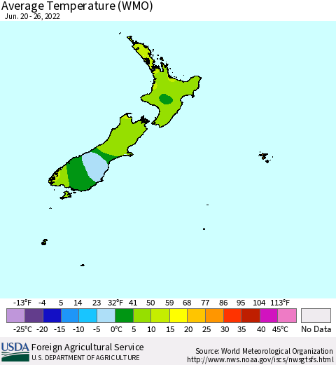 New Zealand Average Temperature (WMO) Thematic Map For 6/20/2022 - 6/26/2022