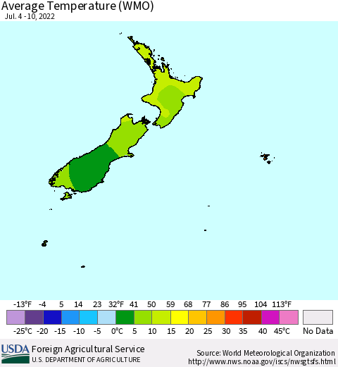 New Zealand Average Temperature (WMO) Thematic Map For 7/4/2022 - 7/10/2022