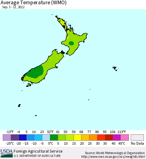 New Zealand Average Temperature (WMO) Thematic Map For 9/5/2022 - 9/11/2022