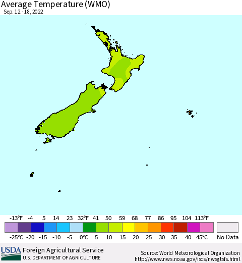 New Zealand Average Temperature (WMO) Thematic Map For 9/12/2022 - 9/18/2022