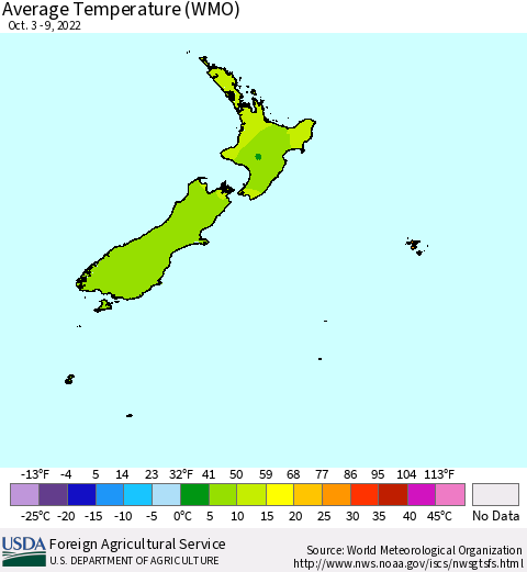 New Zealand Average Temperature (WMO) Thematic Map For 10/3/2022 - 10/9/2022