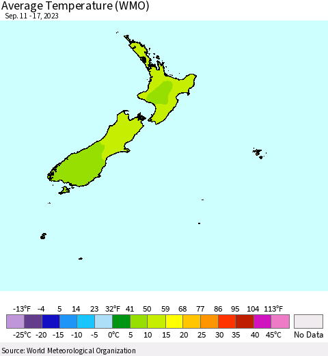 New Zealand Average Temperature (WMO) Thematic Map For 9/11/2023 - 9/17/2023