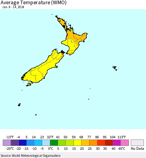 New Zealand Average Temperature (WMO) Thematic Map For 1/8/2024 - 1/14/2024