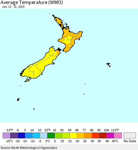 New Zealand Average Temperature (WMO) Thematic Map For 1/15/2024 - 1/21/2024