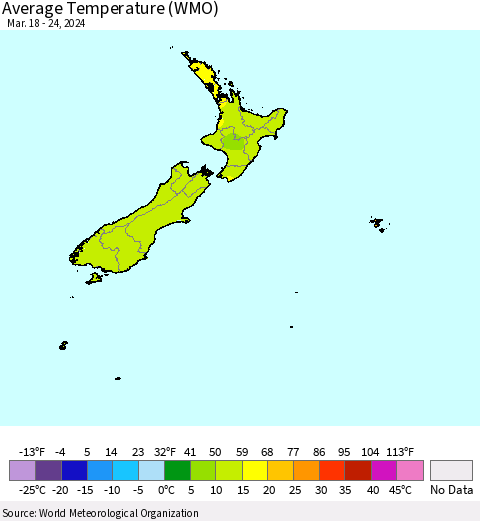 New Zealand Average Temperature (WMO) Thematic Map For 3/18/2024 - 3/24/2024