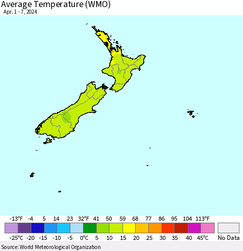 New Zealand Average Temperature (WMO) Thematic Map For 4/1/2024 - 4/7/2024