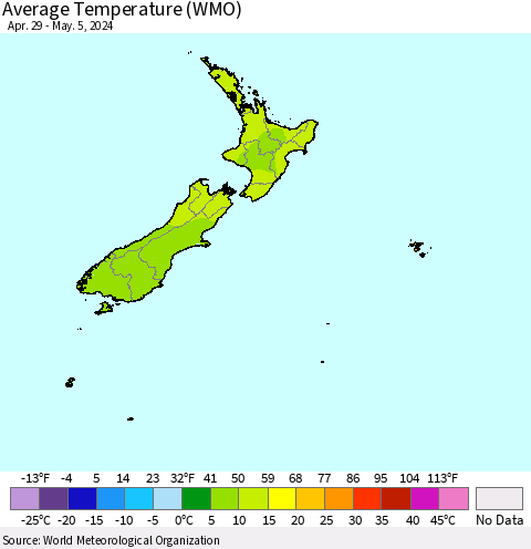 New Zealand Average Temperature (WMO) Thematic Map For 4/29/2024 - 5/5/2024