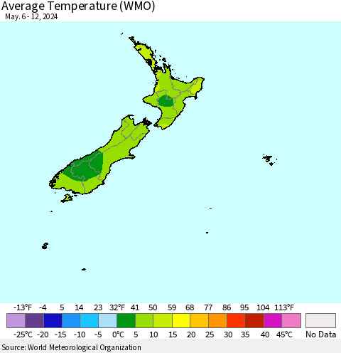 New Zealand Average Temperature (WMO) Thematic Map For 5/6/2024 - 5/12/2024
