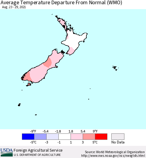 New Zealand Average Temperature Departure from Normal (WMO) Thematic Map For 8/23/2021 - 8/29/2021