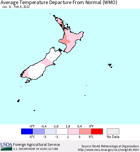 New Zealand Average Temperature Departure from Normal (WMO) Thematic Map For 1/31/2022 - 2/6/2022