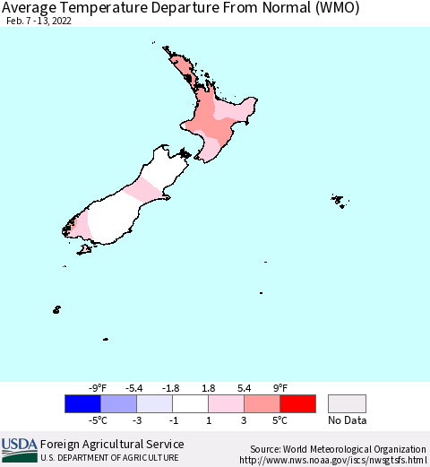 New Zealand Average Temperature Departure from Normal (WMO) Thematic Map For 2/7/2022 - 2/13/2022