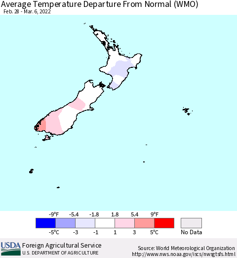 New Zealand Average Temperature Departure from Normal (WMO) Thematic Map For 2/28/2022 - 3/6/2022