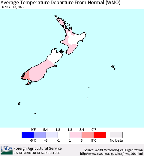 New Zealand Average Temperature Departure from Normal (WMO) Thematic Map For 3/7/2022 - 3/13/2022