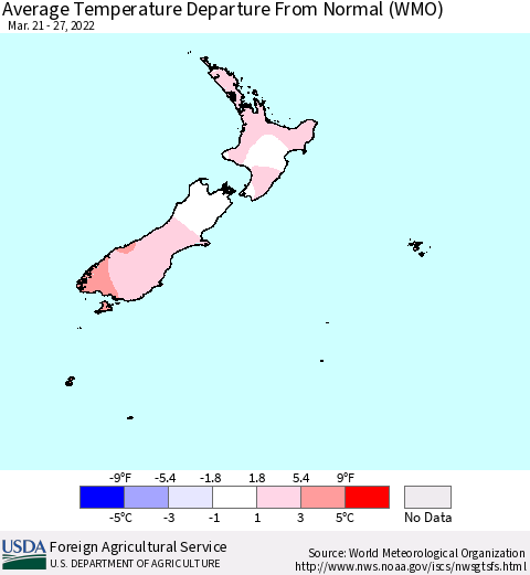 New Zealand Average Temperature Departure from Normal (WMO) Thematic Map For 3/21/2022 - 3/27/2022