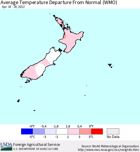 New Zealand Average Temperature Departure from Normal (WMO) Thematic Map For 4/18/2022 - 4/24/2022