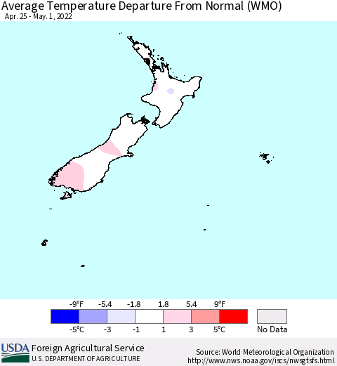 New Zealand Average Temperature Departure from Normal (WMO) Thematic Map For 4/25/2022 - 5/1/2022