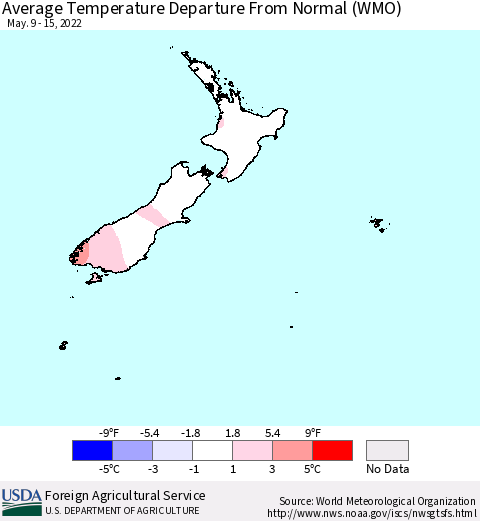 New Zealand Average Temperature Departure from Normal (WMO) Thematic Map For 5/9/2022 - 5/15/2022