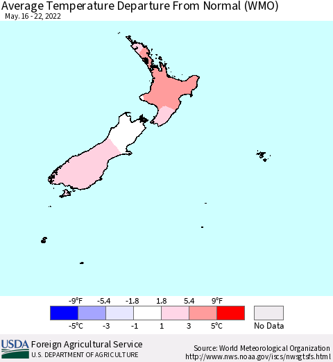 New Zealand Average Temperature Departure from Normal (WMO) Thematic Map For 5/16/2022 - 5/22/2022