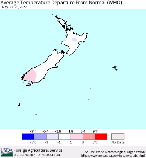 New Zealand Average Temperature Departure from Normal (WMO) Thematic Map For 5/23/2022 - 5/29/2022