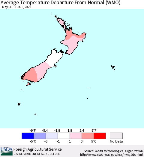 New Zealand Average Temperature Departure from Normal (WMO) Thematic Map For 5/30/2022 - 6/5/2022