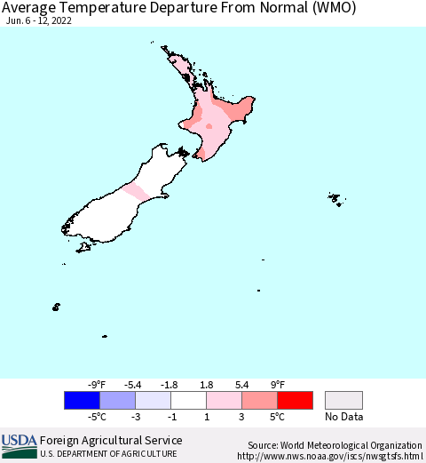 New Zealand Average Temperature Departure from Normal (WMO) Thematic Map For 6/6/2022 - 6/12/2022