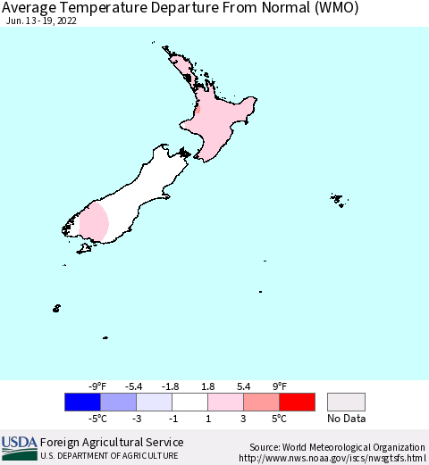 New Zealand Average Temperature Departure from Normal (WMO) Thematic Map For 6/13/2022 - 6/19/2022