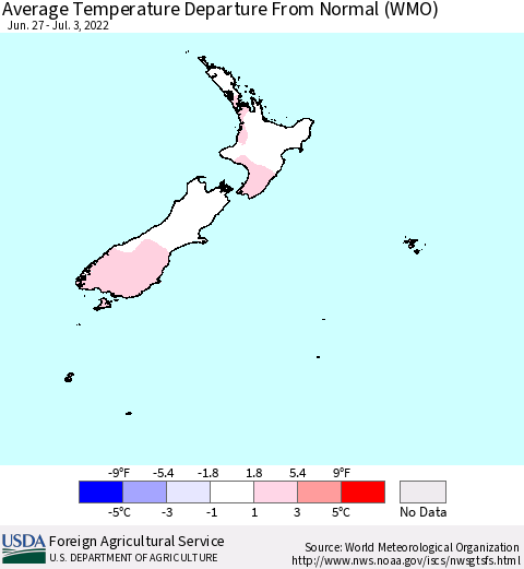 New Zealand Average Temperature Departure from Normal (WMO) Thematic Map For 6/27/2022 - 7/3/2022