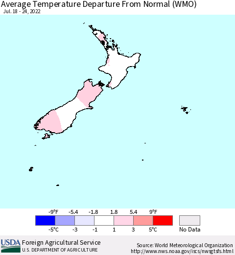 New Zealand Average Temperature Departure from Normal (WMO) Thematic Map For 7/18/2022 - 7/24/2022