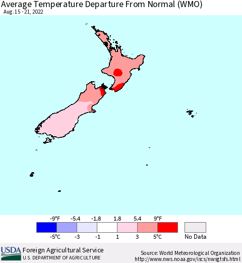 New Zealand Average Temperature Departure from Normal (WMO) Thematic Map For 8/15/2022 - 8/21/2022