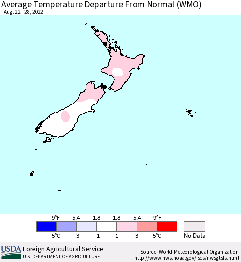 New Zealand Average Temperature Departure from Normal (WMO) Thematic Map For 8/22/2022 - 8/28/2022
