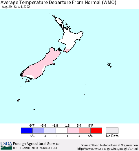 New Zealand Average Temperature Departure from Normal (WMO) Thematic Map For 8/29/2022 - 9/4/2022